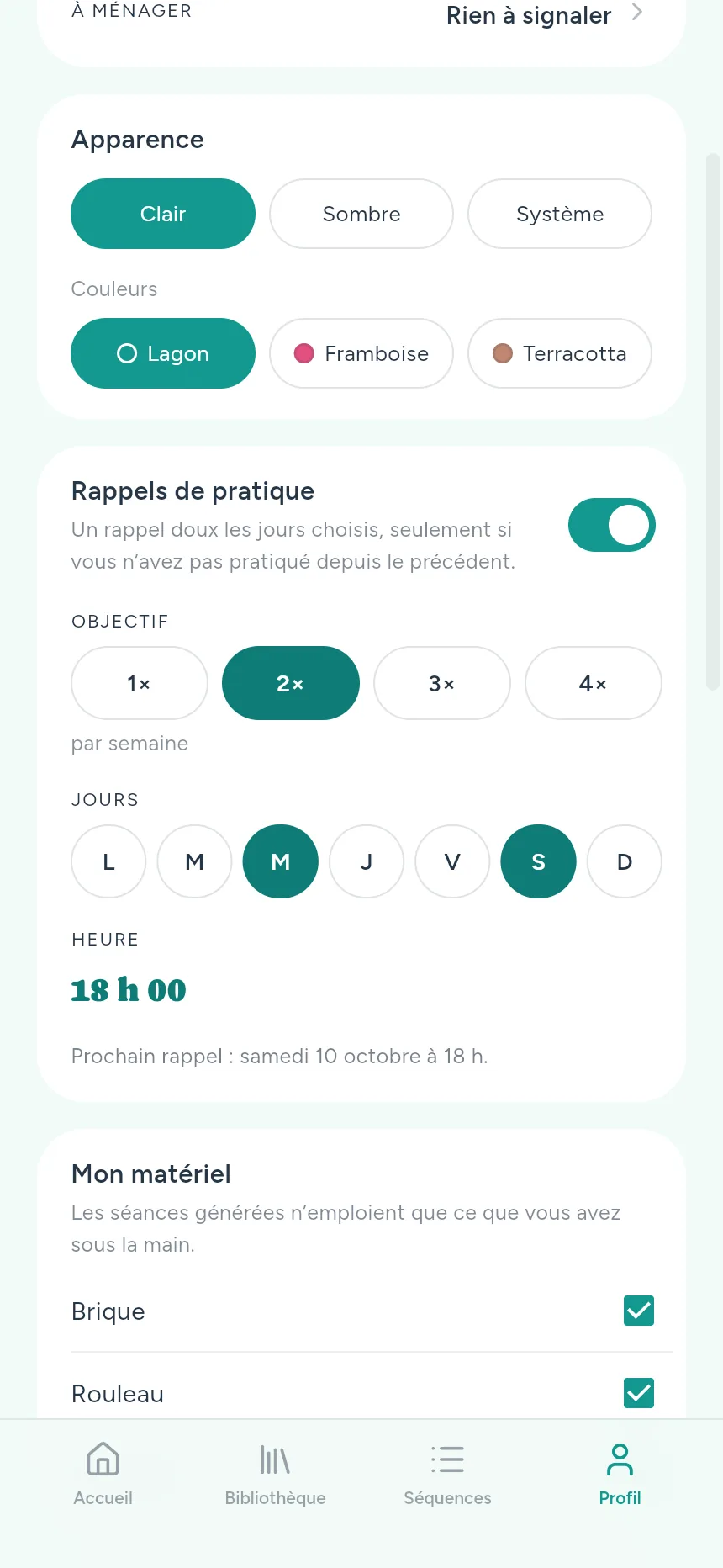 Les rappels dans le profil : deux fois par semaine, le mercredi et le samedi à 18 h