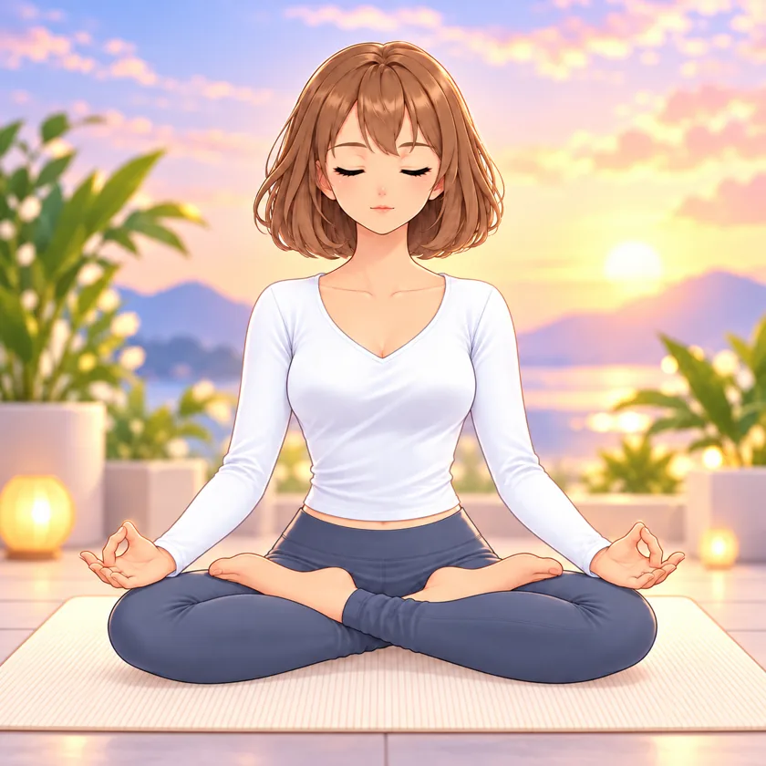 Une pratiquante assise en lotus, les yeux fermés, sur une terrasse entourée de plantes, au coucher du soleil
